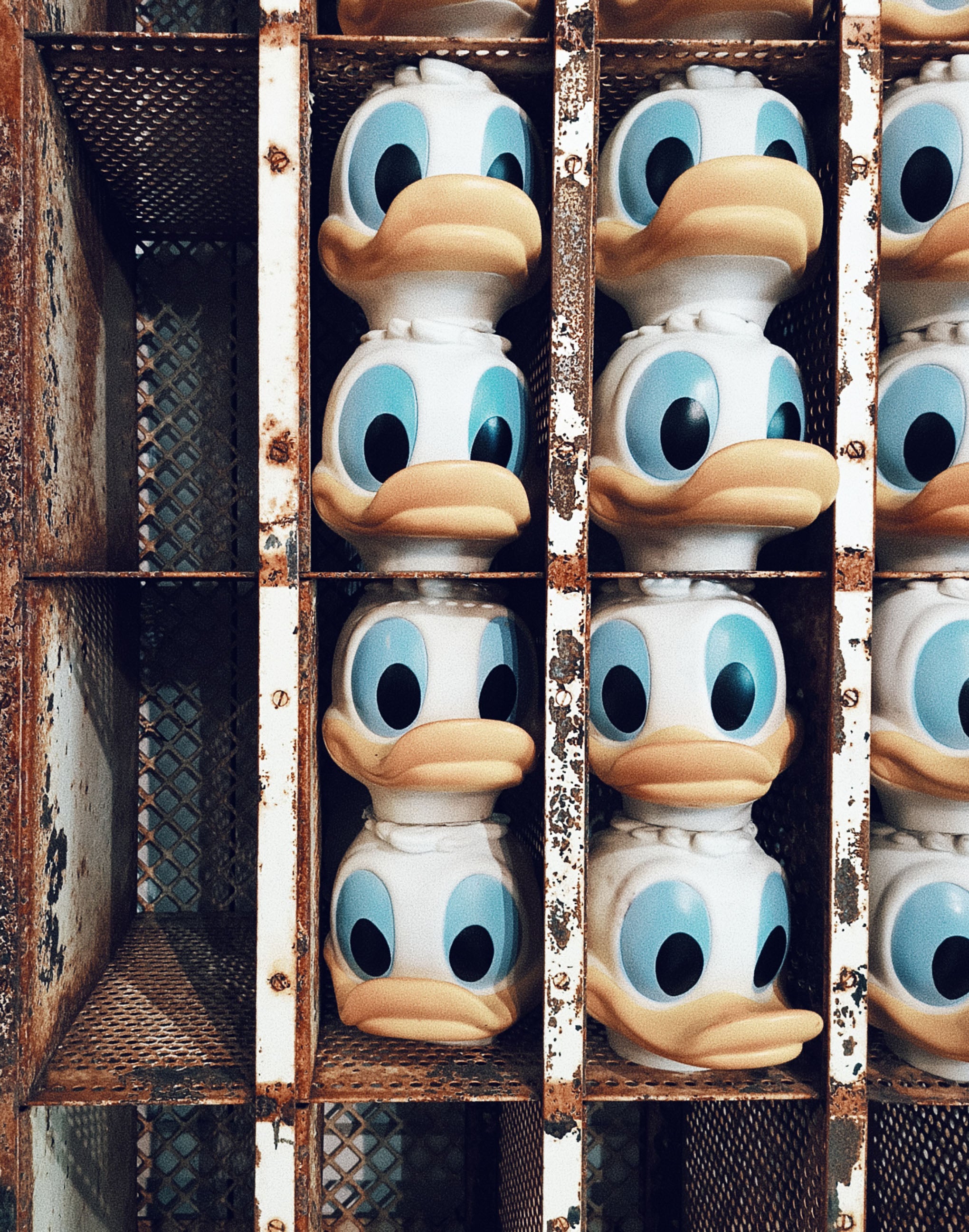 Figurines Donald Duck en plastique rangées dans un casier métallique vintage