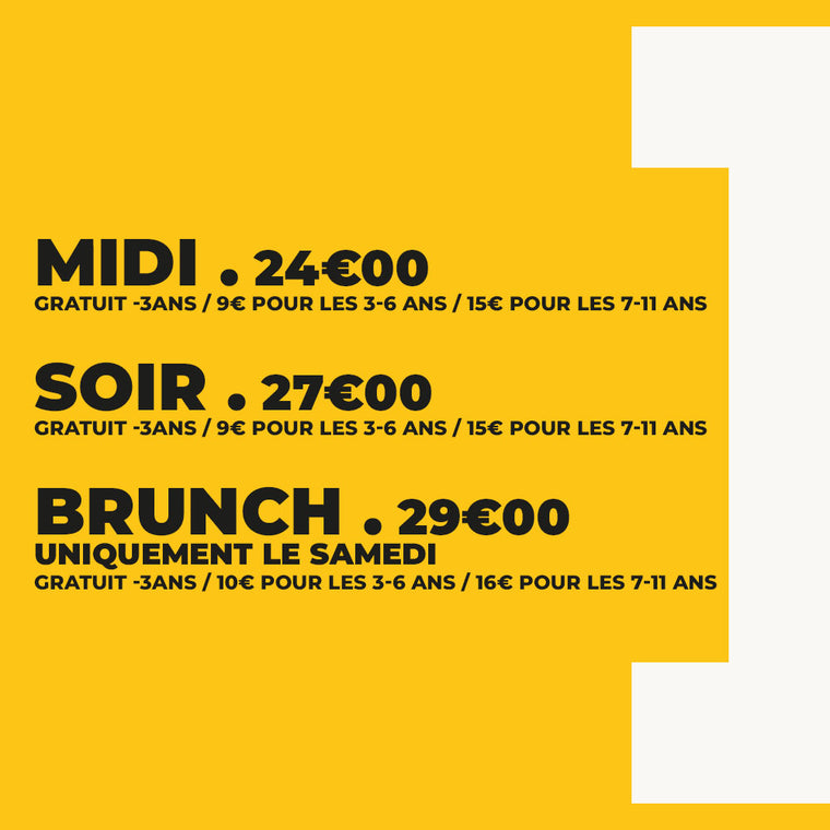 Tarifs des formules buffet à volonté chez GASPARD Tours : formule midi à 24€, soir à 27€ et brunch samedi à 29€